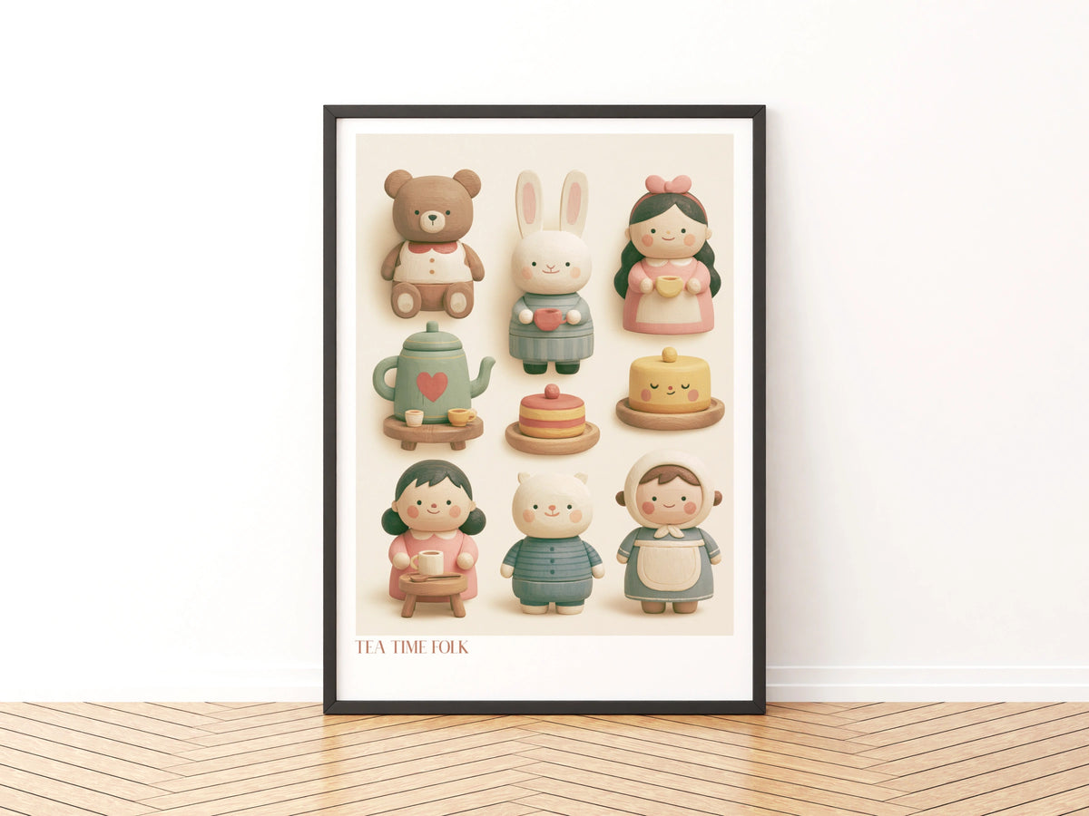 Tea Time Folk Retro Nursery Poster, Cute Wooden Toy Characters Children's Print, Kids Wall Art