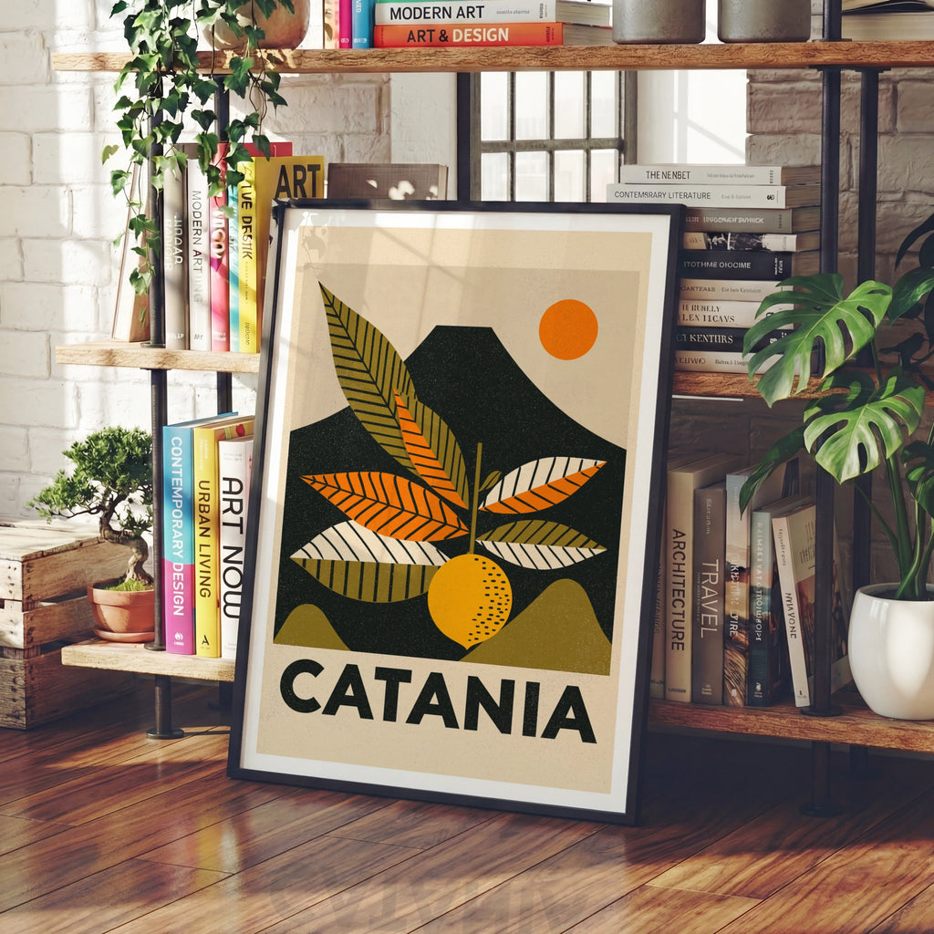 Catania Retro Travel Poster, Sicily Italy Print, Vintage Travel Wall Art, Citrus Orange Etna