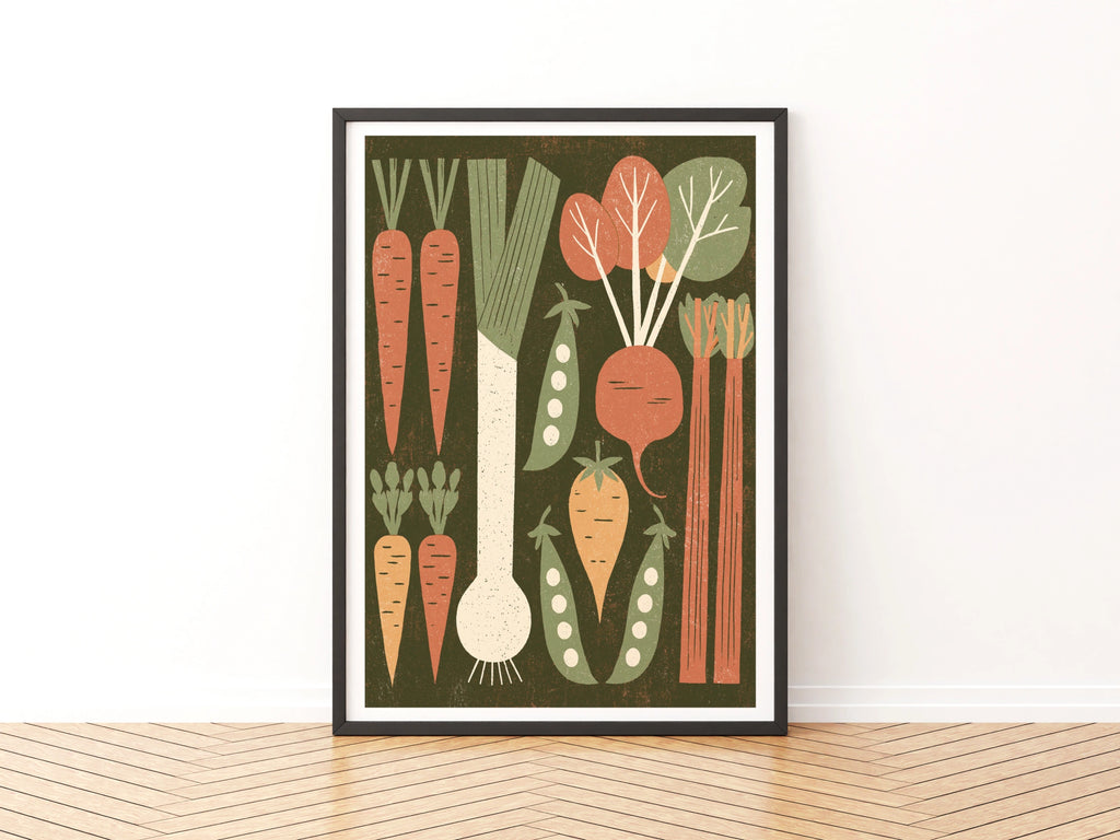 Vintage Food Poster Print, Rustic Kitchen Decor, Retro Mid Century Risograph Vegetable Art