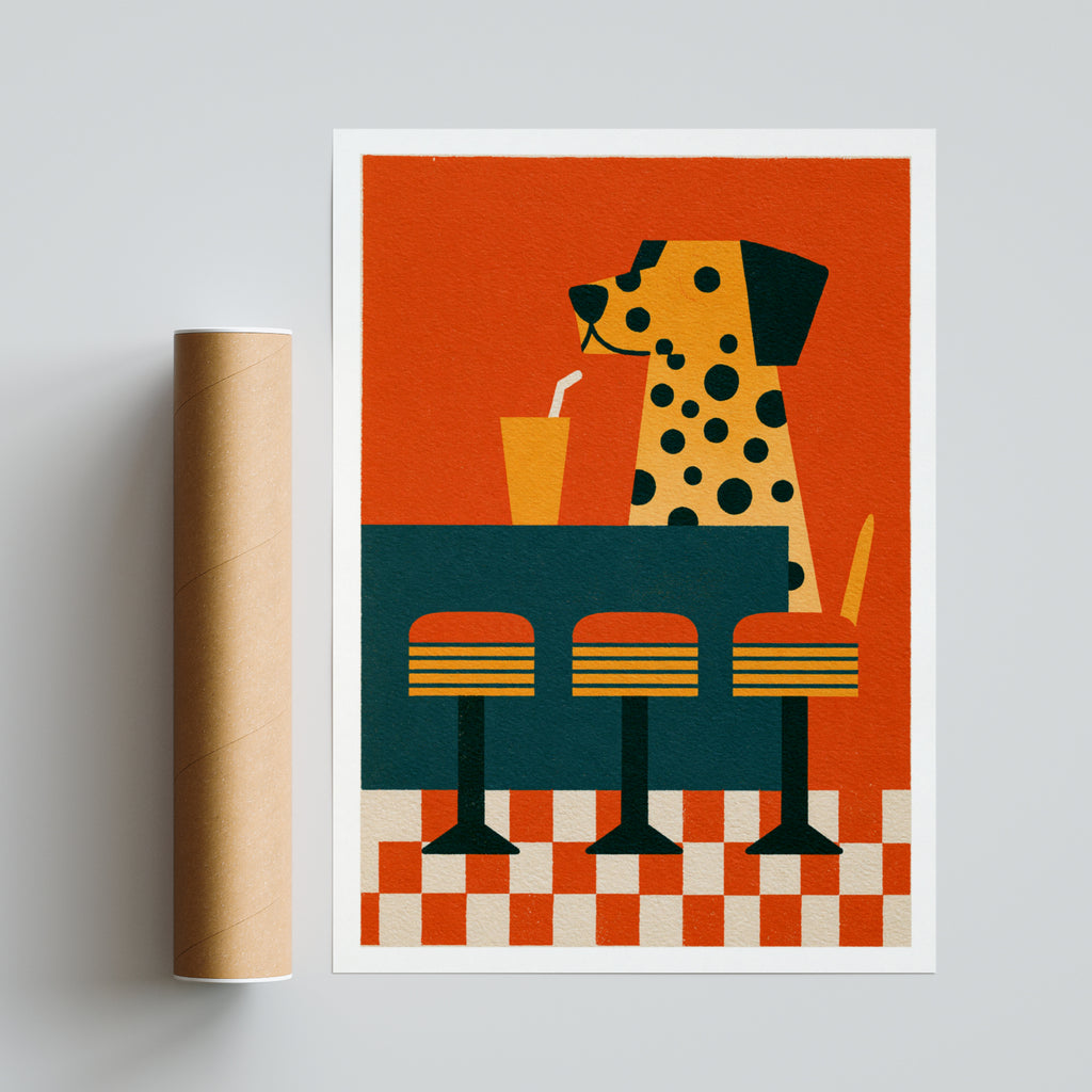 Vintage Dalmatian Diner Poster, Retro Dog Wall Art, Fun Animal Print, Bold Orange Decor