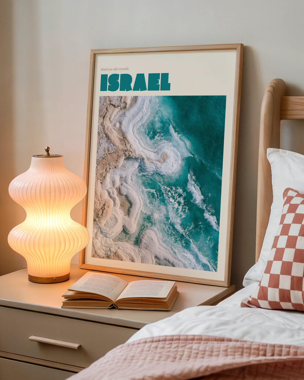 Israel Dead Sea Print, contemporary travel wall art, teal salt crystals aerial