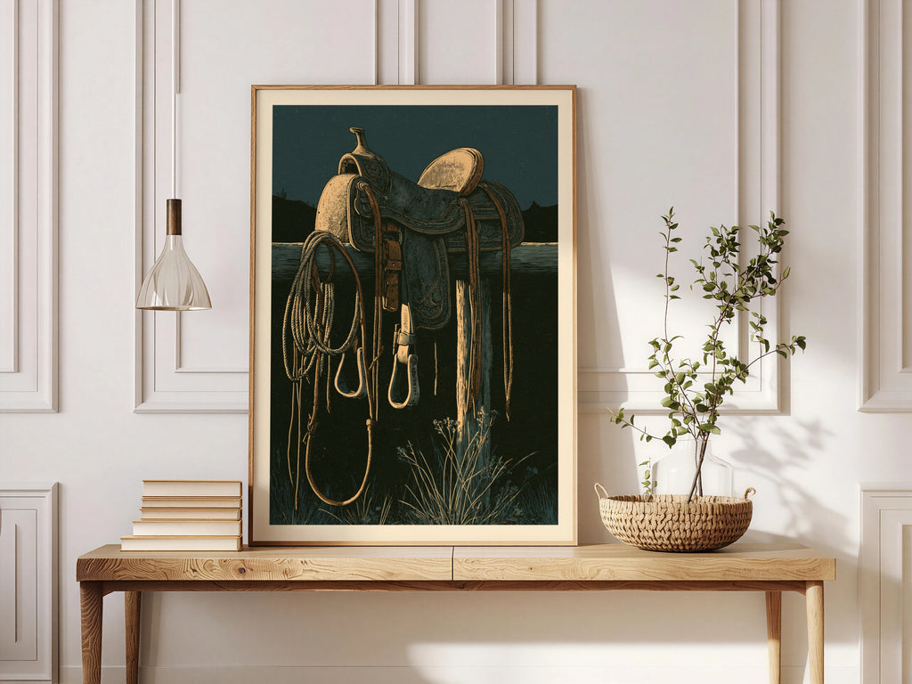 Western Saddle Wall Art, Cowboy Poster, Desert Night Fence Post Print, Rustic Ranch Decor