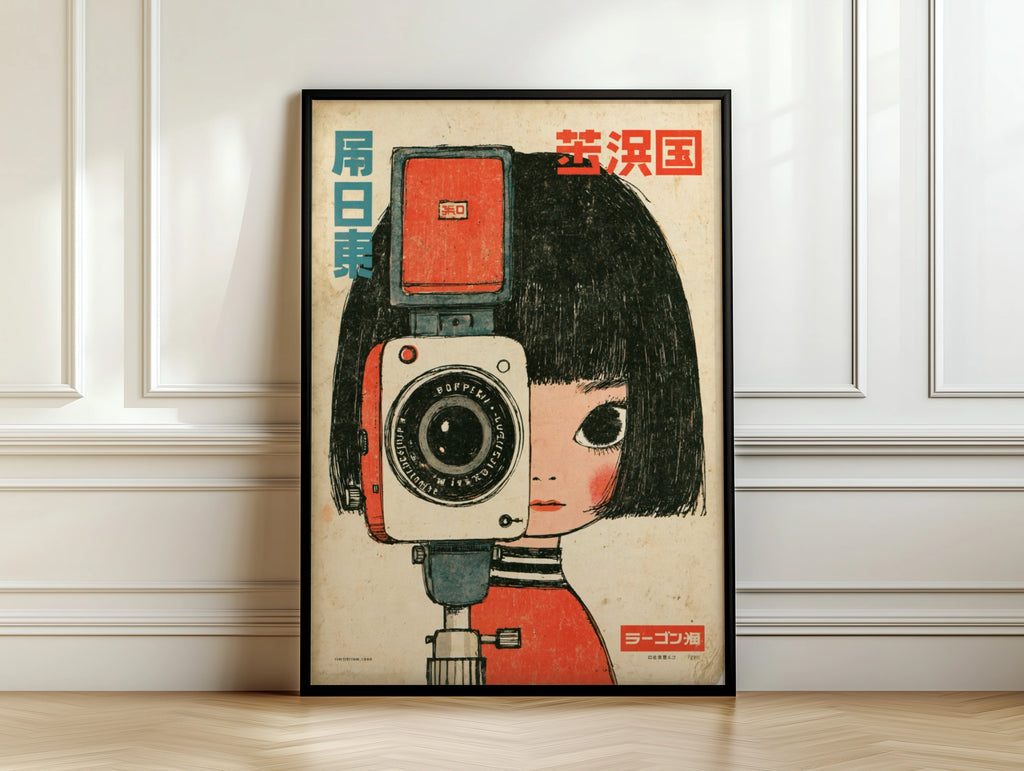 Vintage Japanese Camera Girl Poster, Retro Kawaii Wall Art, Mid Century Print
