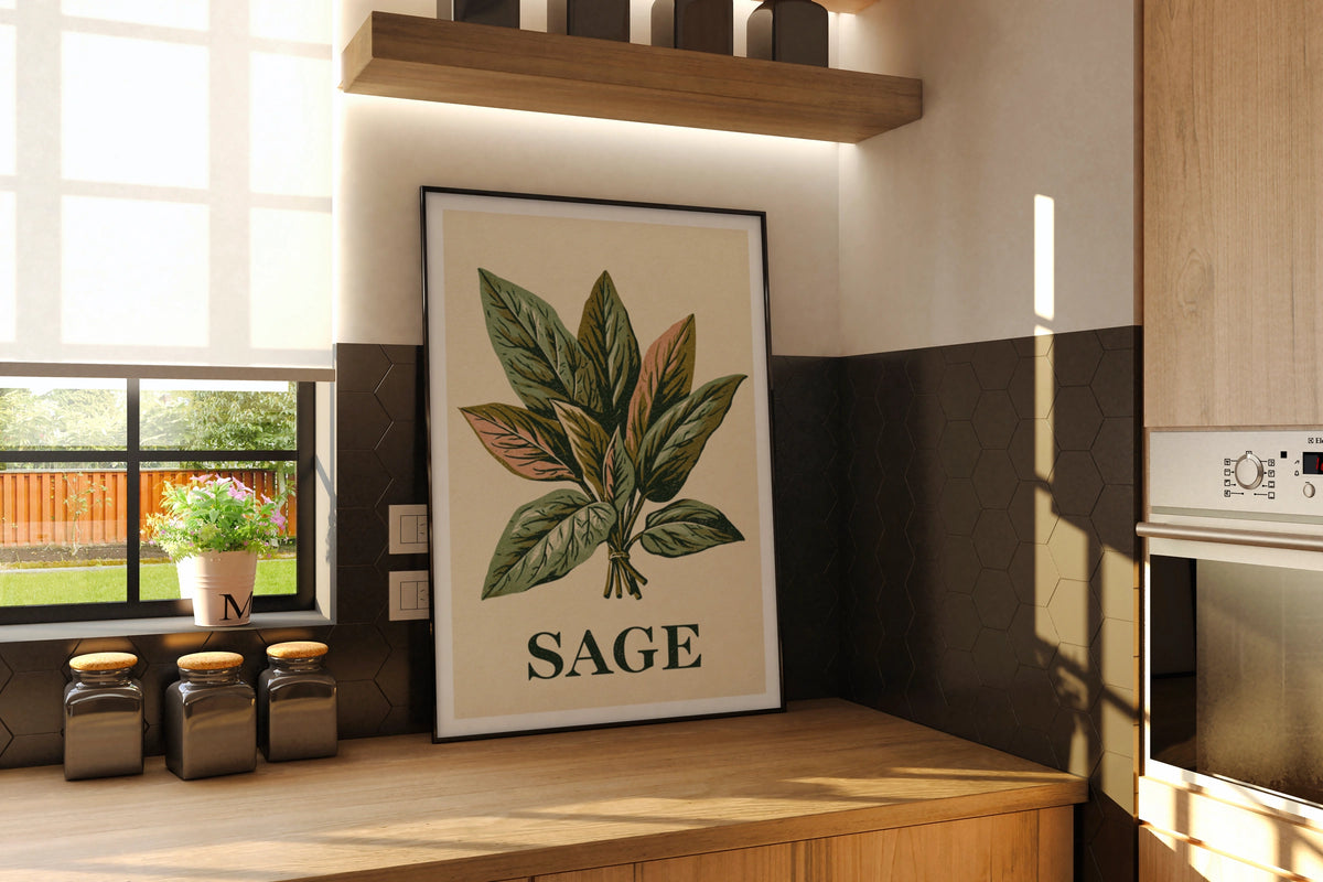 Sage Herb Vintage Food Poster Print | Rustic Kitchen Decor | Retro Mid Century Risograph Art
