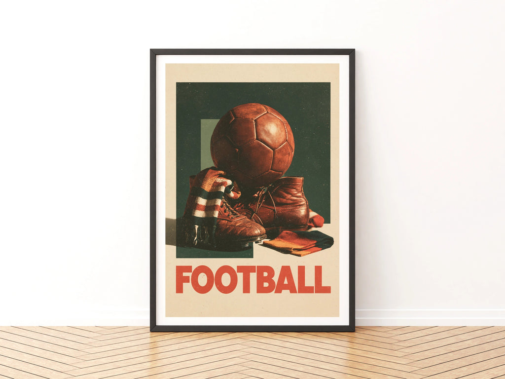 Retro Football Poster, Vintage Soccer Print, Old Leather Ball Wall Art, Sports Fan Gift