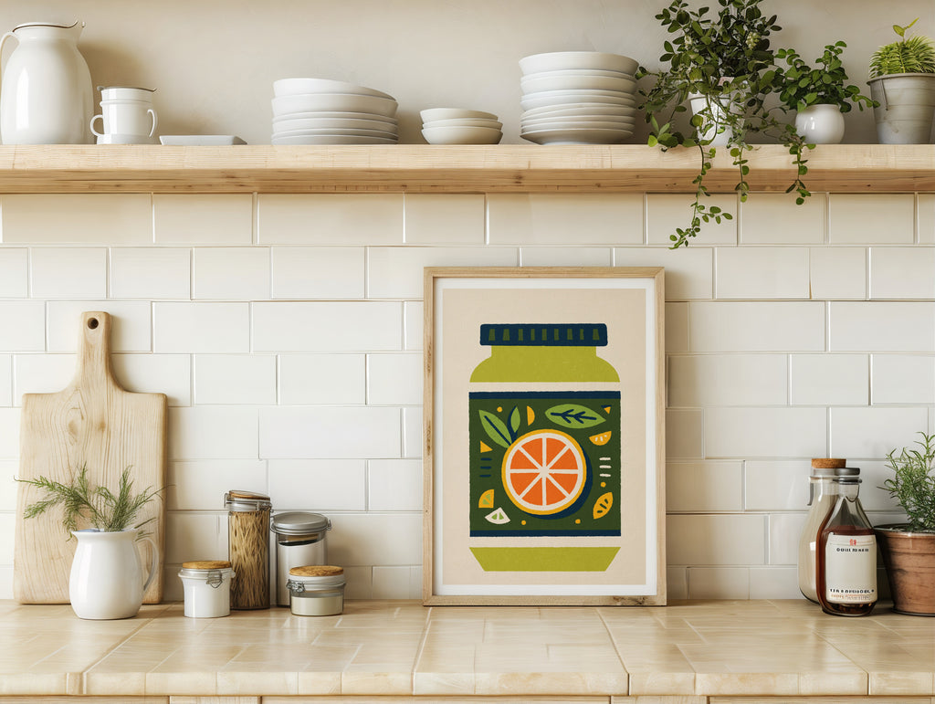 Vintage Food Poster Print, Retro Orange Marmalade Jar, Rustic Kitchen Decor, Mid Century Risograph