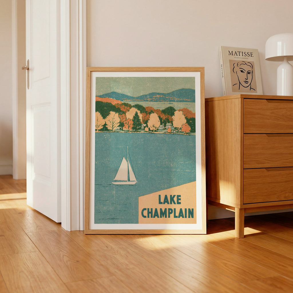 Lake Champlain Retro Travel Poster, Vintage Travel Print, Sailboat Autumn Lake Wall Art Vermont