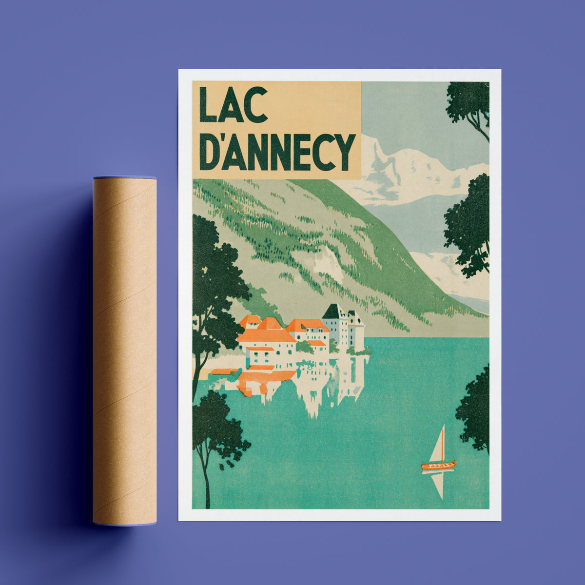 Retro Lac d'Annecy Poster, Vintage Travel Print, French Alps Lake Wall Art, Turquoise Lake Scene