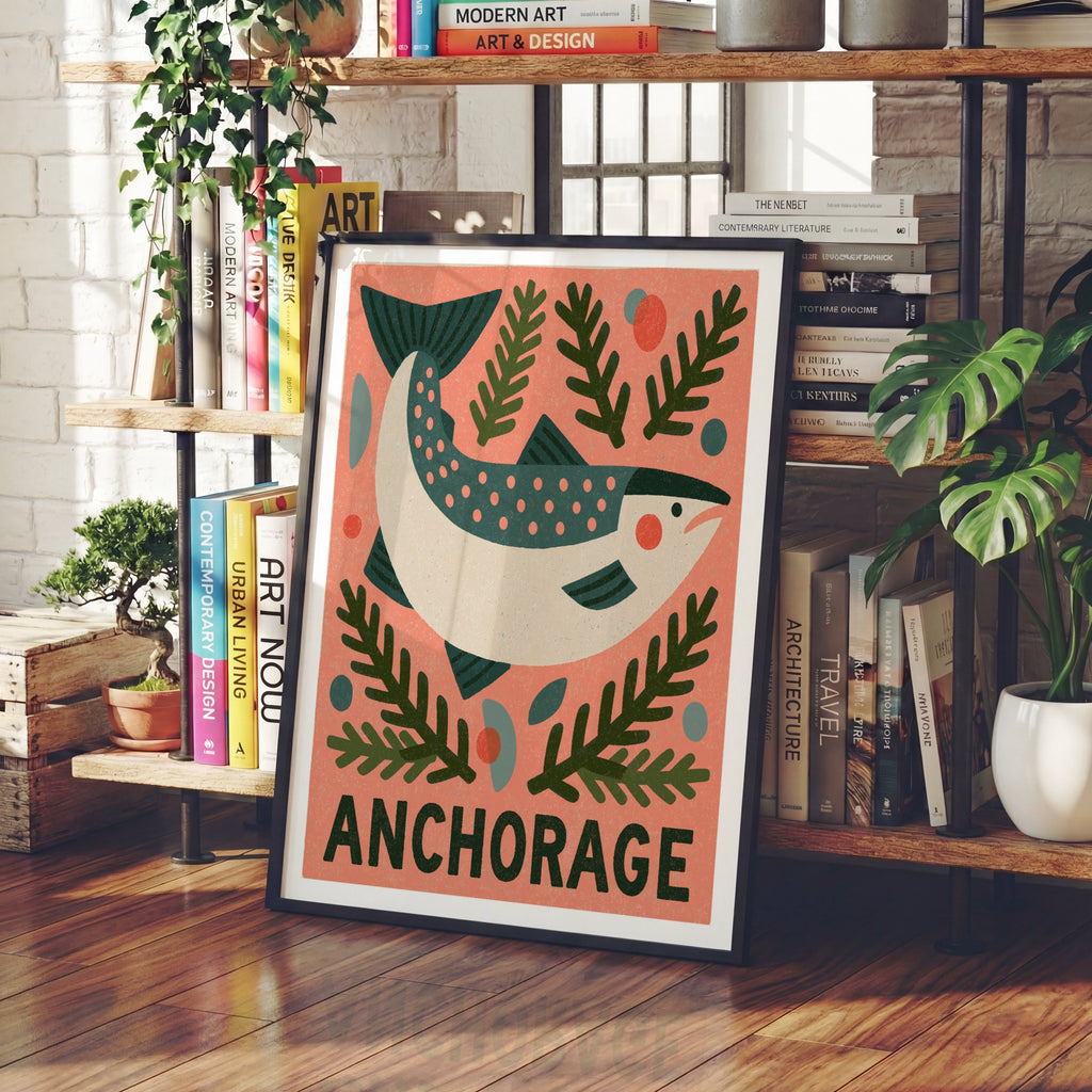 Anchorage Alaska Retro Travel Poster, Salmon Fish Print, Vintage National Park Wall Art