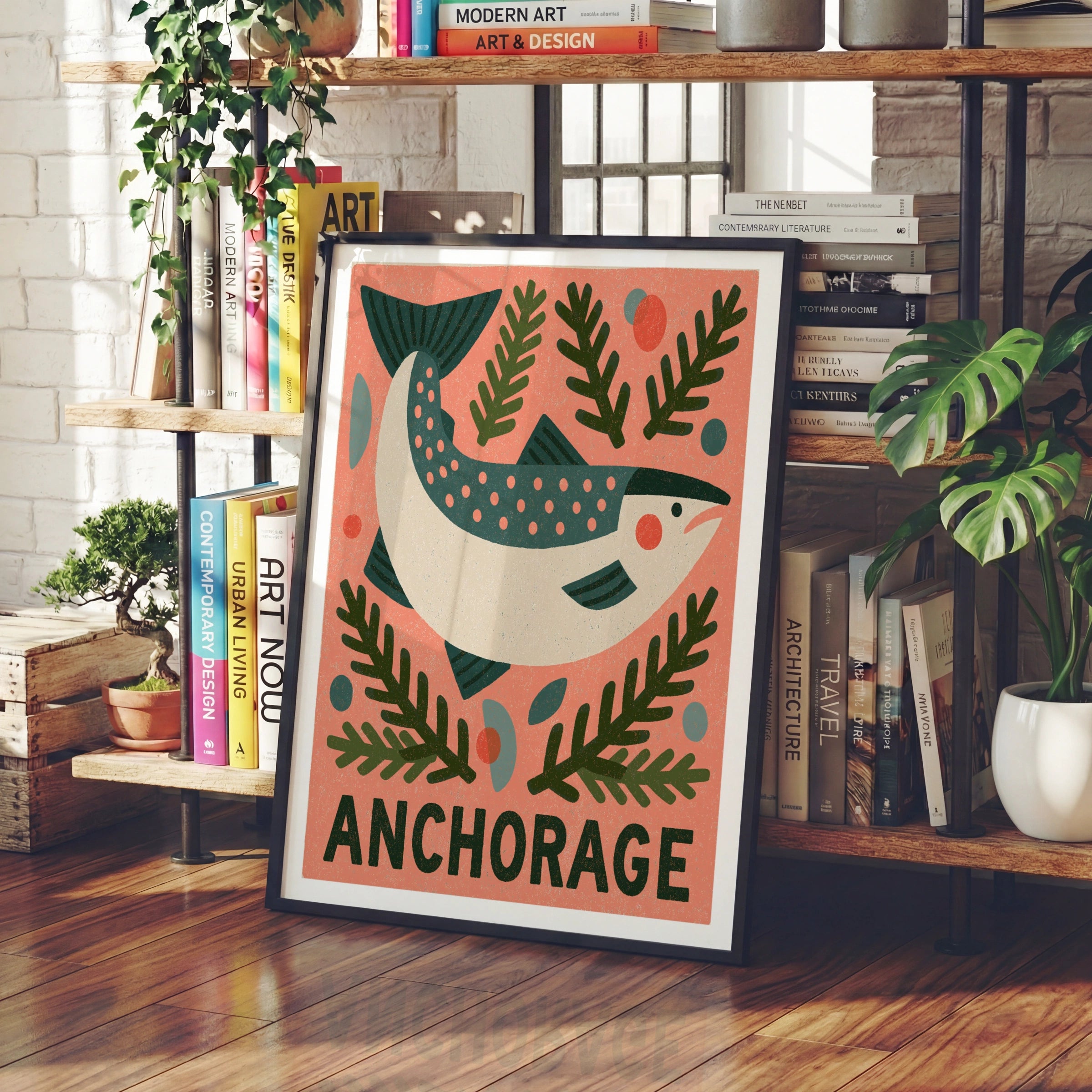 Anchorage Alaska Retro Travel Poster, Salmon Fish Print, Vintage National Park Wall Art