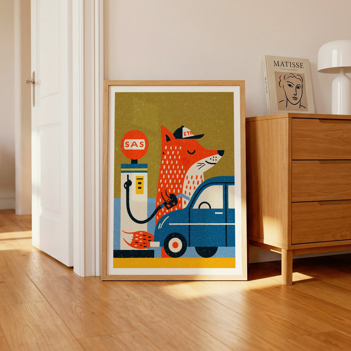 Retro Fox Gas Station Art Print, Vintage Animal Wall Art, Folk Style Car Print, Kids Room Decor