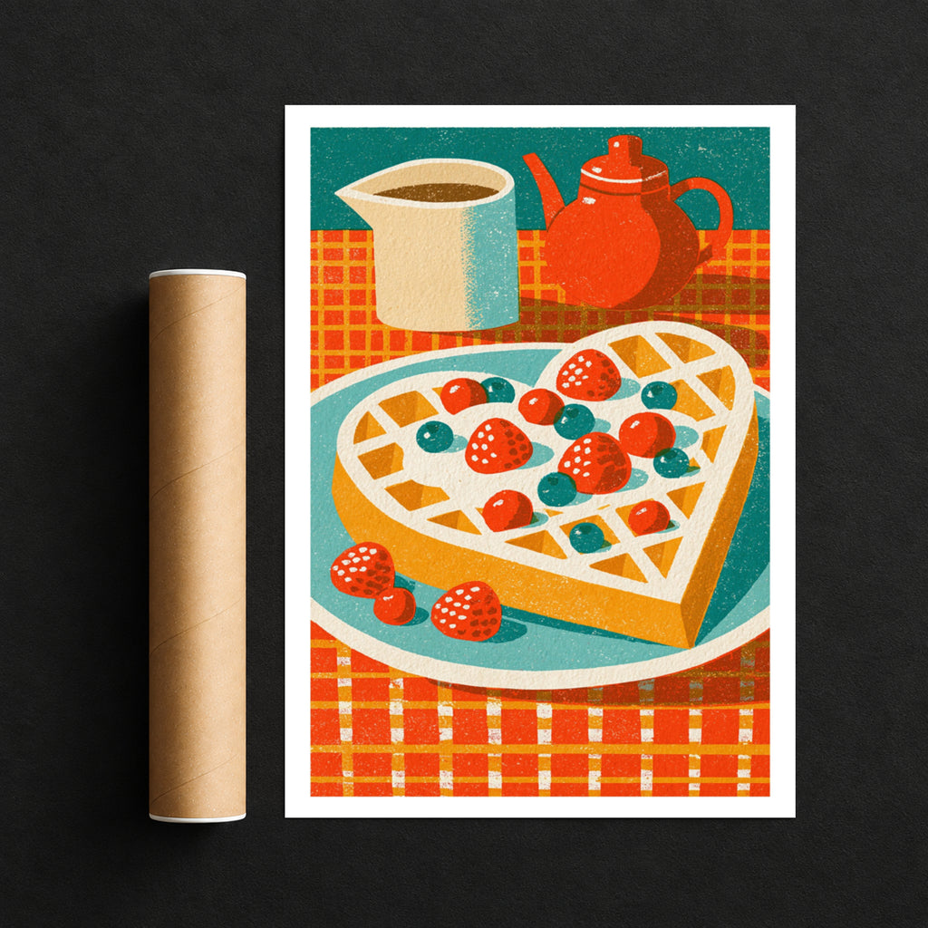 Vintage Food Poster Print, Heart Waffle Retro Mid Century Risograph, Rustic Kitchen Decor Art