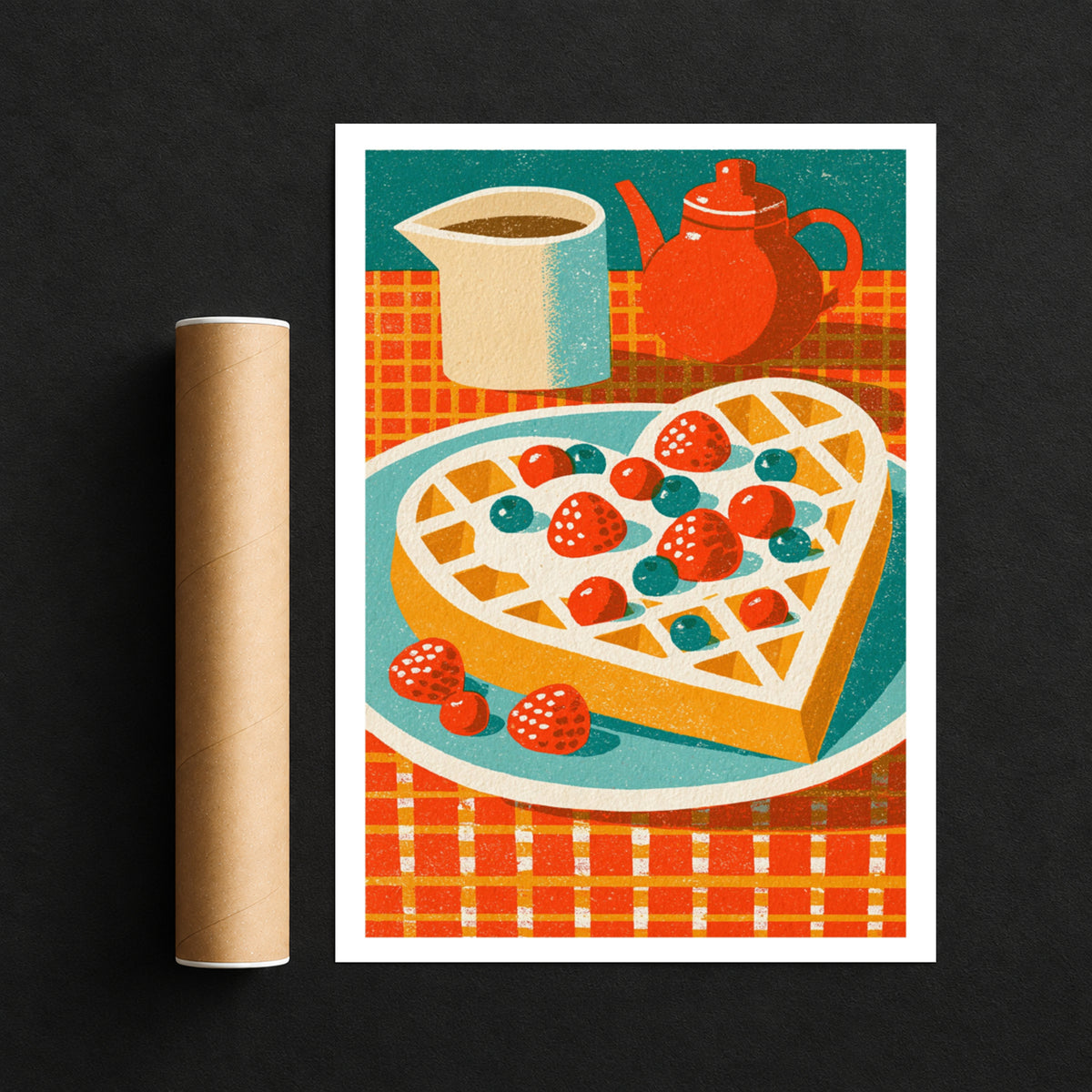 Vintage Food Poster Print, Heart Waffle Retro Mid Century Risograph, Rustic Kitchen Decor Art