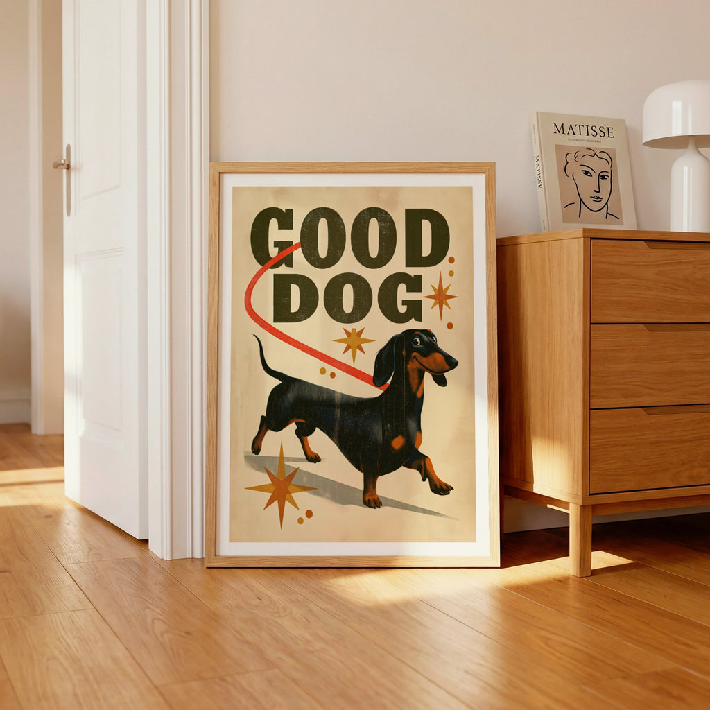 Good Dog Dachshund Retro Poster, Sausage Dog Wall Art, Vintage Folk Print, Dog Lover Gift