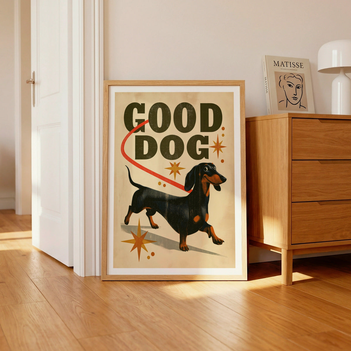 Good Dog Dachshund Retro Poster, Sausage Dog Wall Art, Vintage Folk Print, Dog Lover Gift