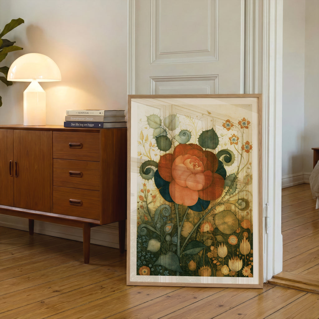 Vintage Rose Botanical Wall Art, Whimsical Floral Print, Rust Red Flower Poster, Cottage Garden