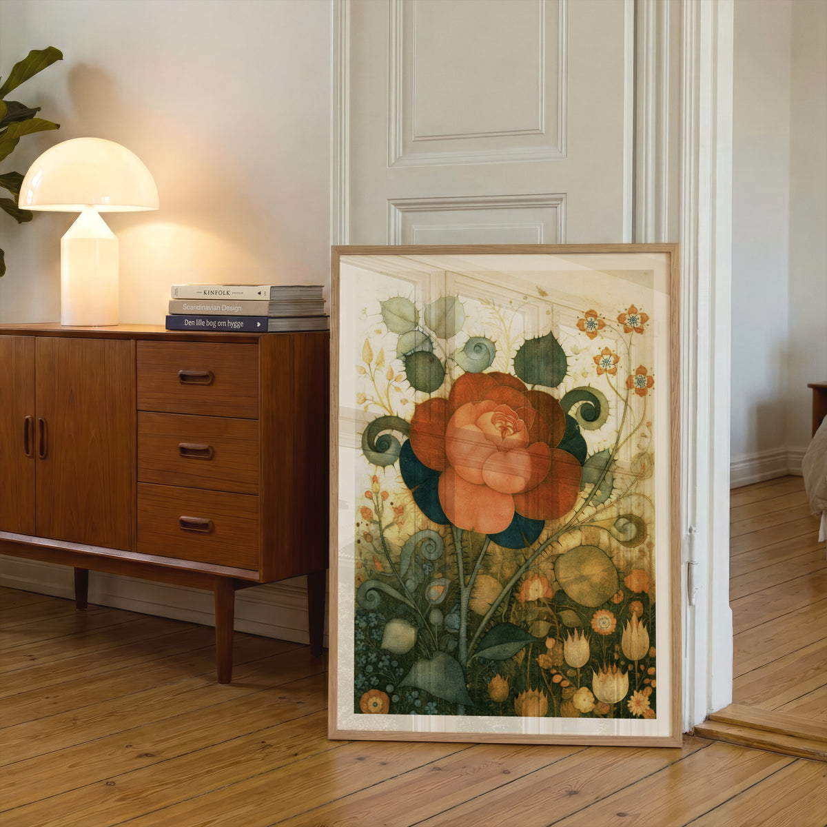 Vintage Rose Botanical Wall Art, Whimsical Floral Print, Rust Red Flower Poster, Cottage Garden