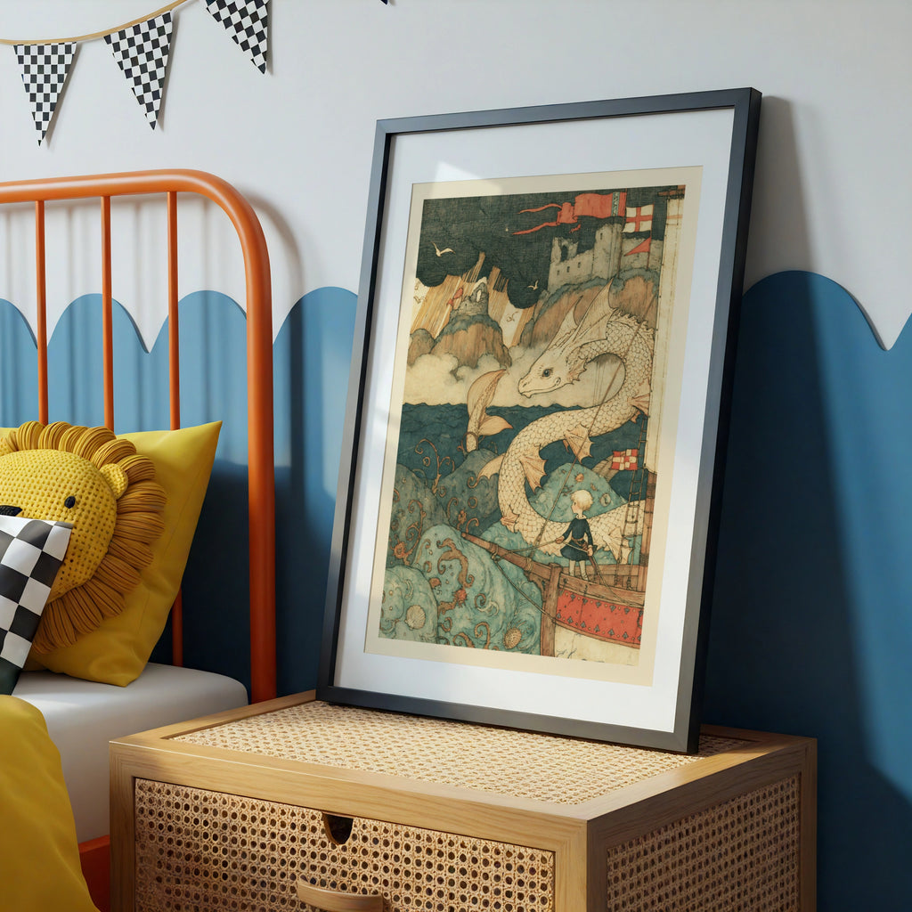  Dragon & Knight Children's Print, Fantasy Sea Adventure, Kids Wall Art Collectable Art