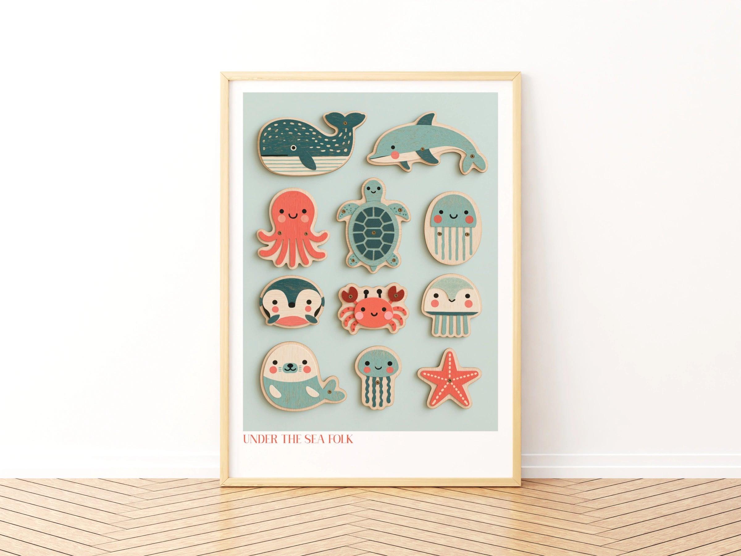 Under the Sea Folk Retro Children's Print, Cute Ocean Animals Nursery Poster, Kids Wall Art