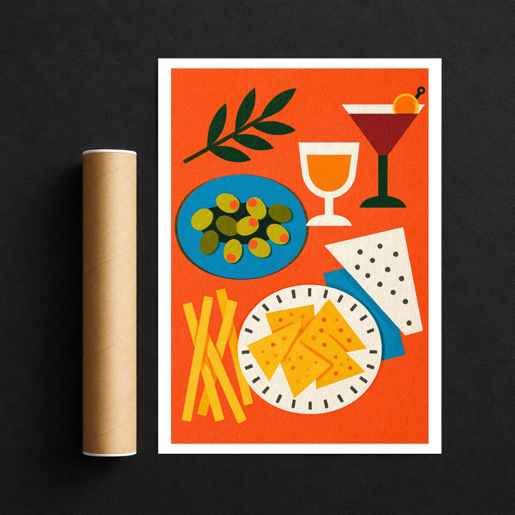 Vintage Food Poster Print, Rustic Kitchen Decor, Retro Mid Century Risograph Cocktail Olive Art