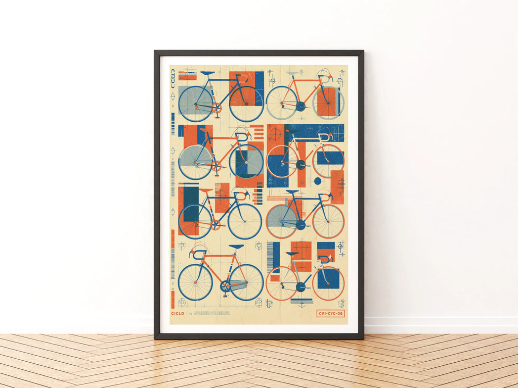 Retro Bicycle Poster, Vintage Cycling Blueprint Art Print, Blue Orange Bike Wall Art