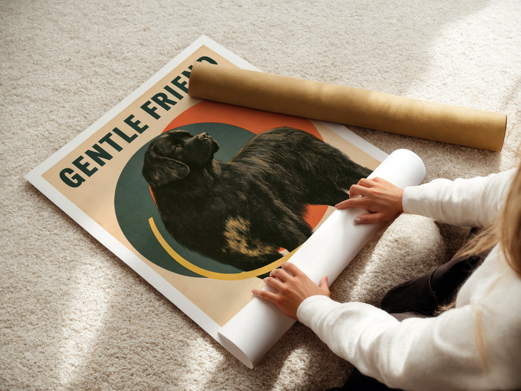 Retro Newfoundland Dog Poster, Gentle Friend Black Dog Print, Vintage Folk Wall Art