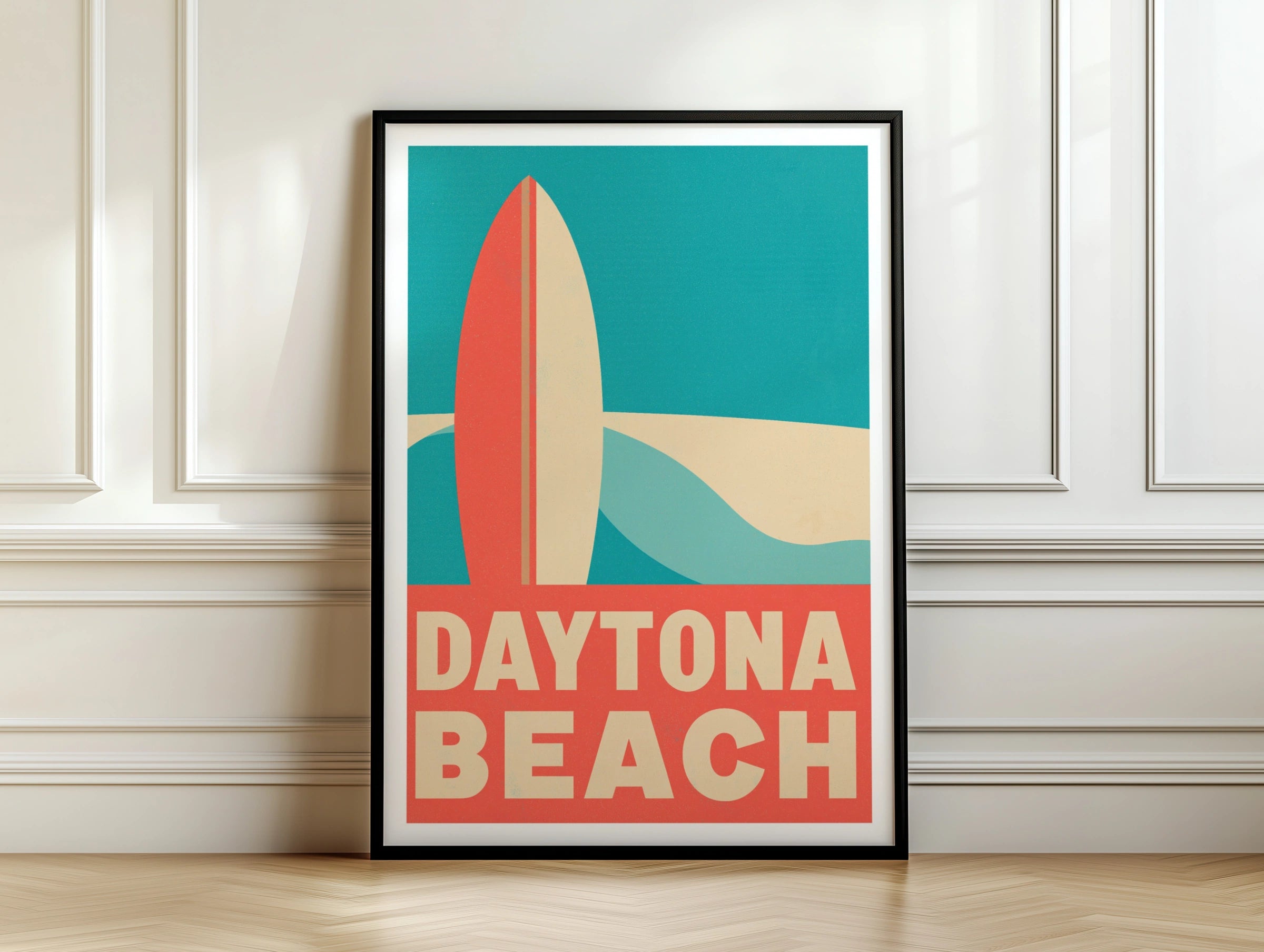 Daytona Beach Retro Surf Poster, Florida Vintage Travel Print, Surfboard Wall Art