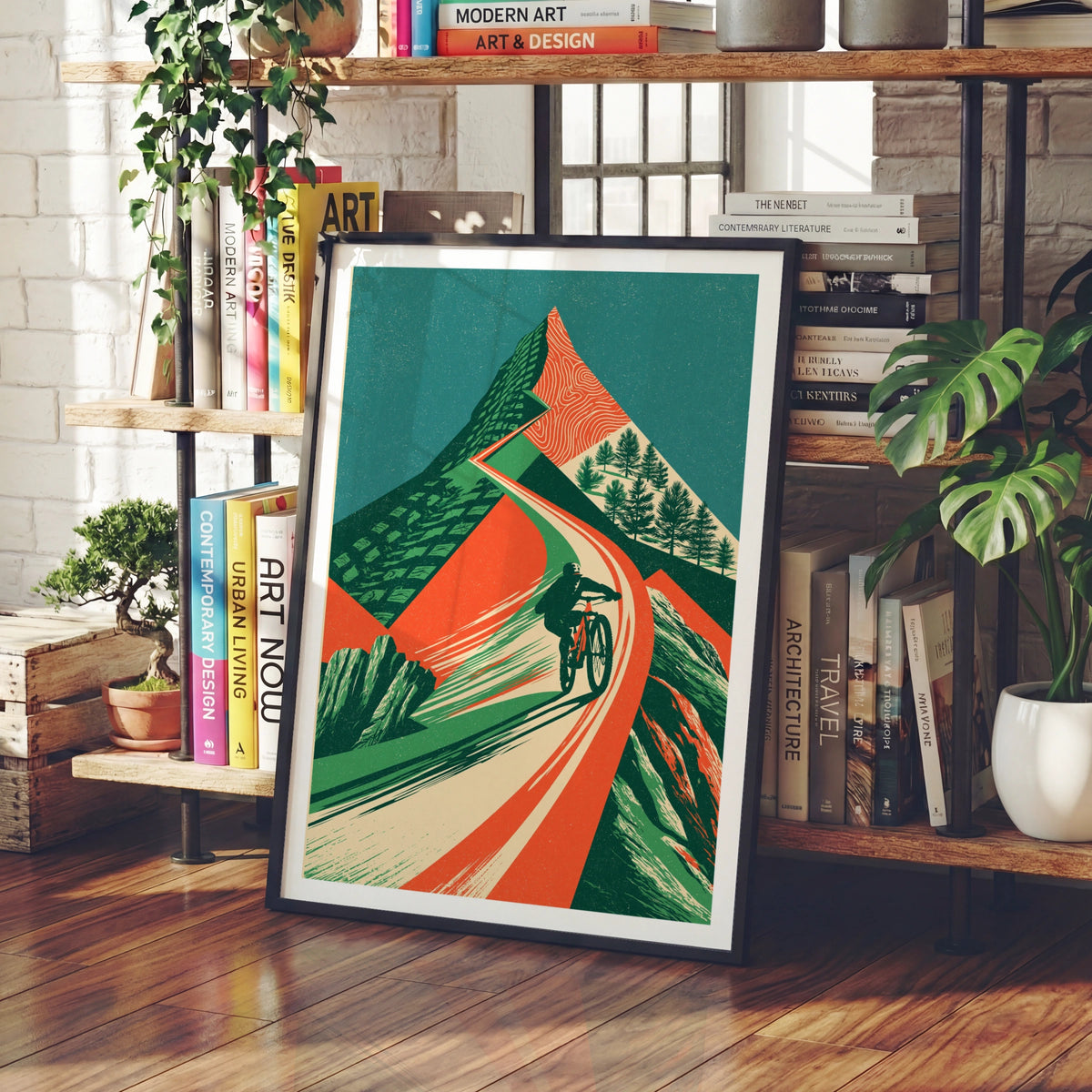 Mountain Bike Retro Poster, MTB Trail Art Print, Vintage Cycling Wall Art, Green Orange Decor
