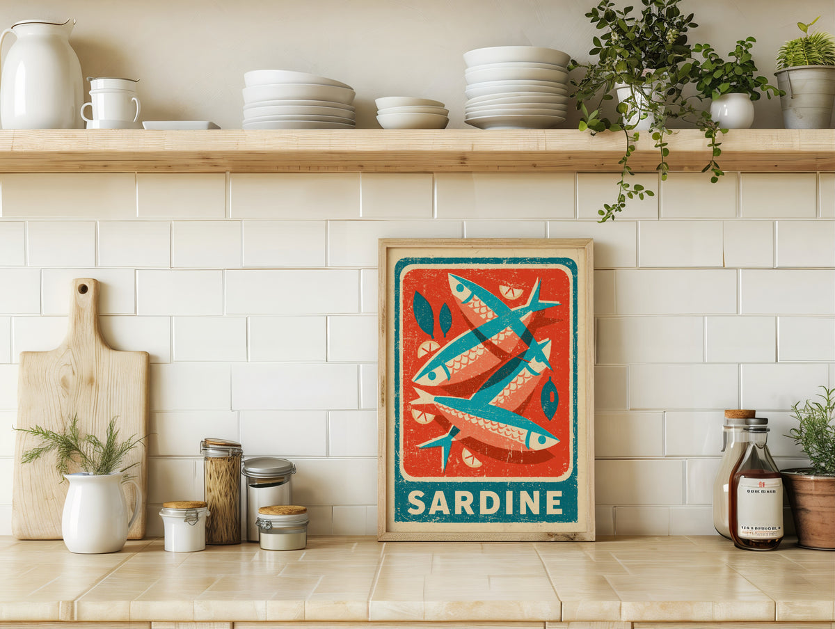 Sardine Vintage Food Poster Print | Rustic Kitchen Decor, Retro Fish Wall Art, Seafood Dining Room