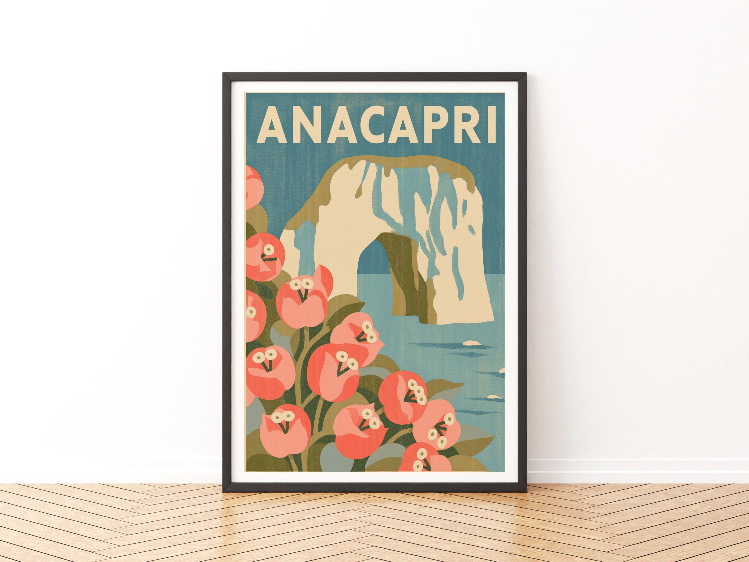 Anacapri Vintage Travel Poster, Capri Island Italy Wall Art, Retro Floral Print
