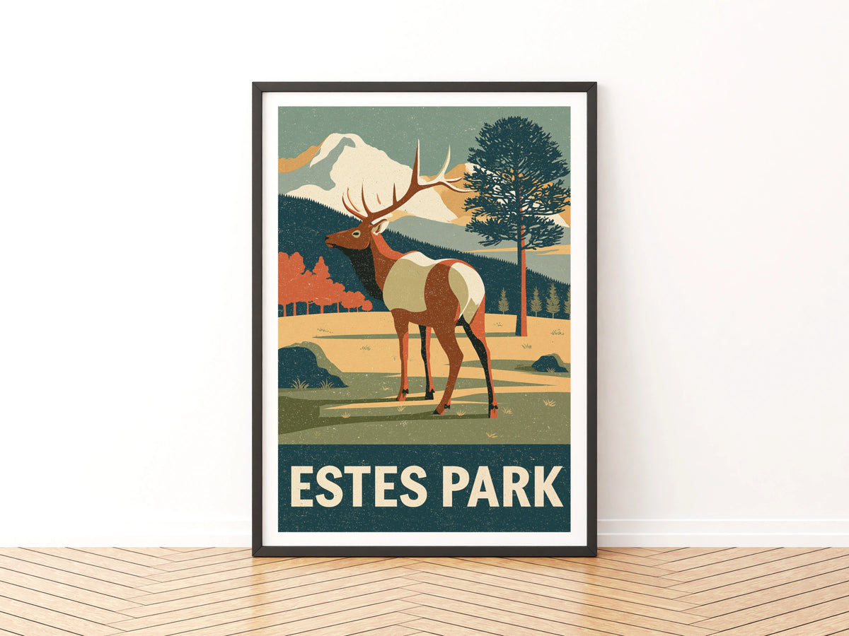 Estes Park Retro Travel Poster, Colorado Elk Print, Vintage National Park Wall Art