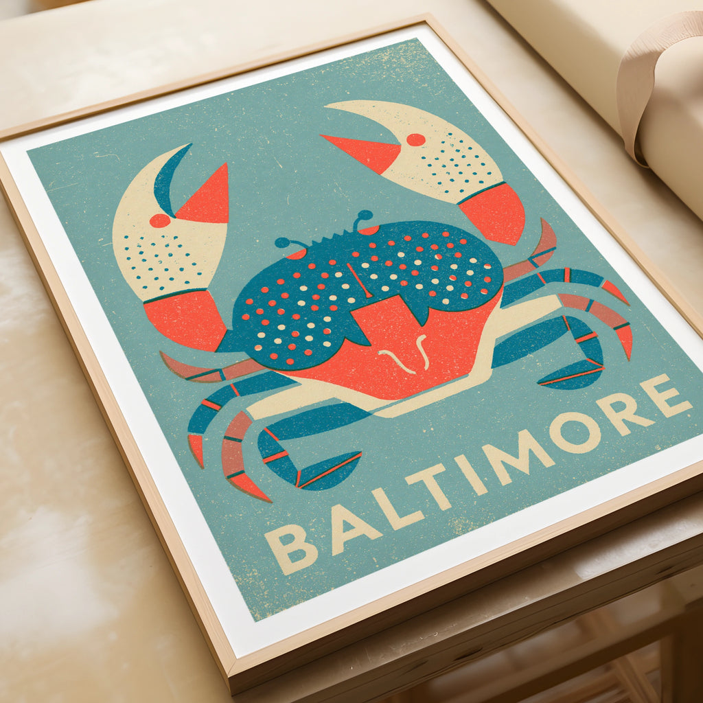 Baltimore Crab Retro Travel Poster, Maryland Wall Art, Vintage Blue Crab Print