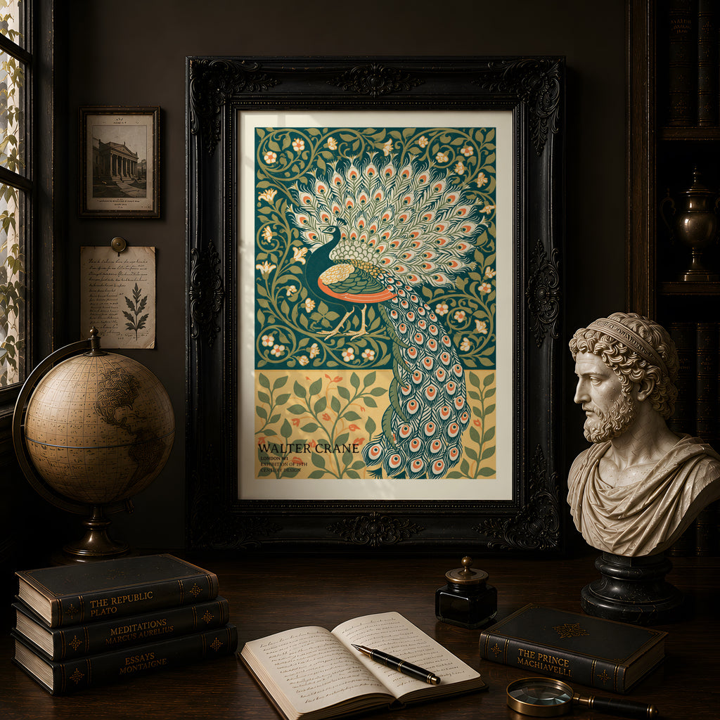 Walter Crane Peacock Print, Vintage Exhibition Poster, Arts and Crafts Nature Wall Art, Teal Floral