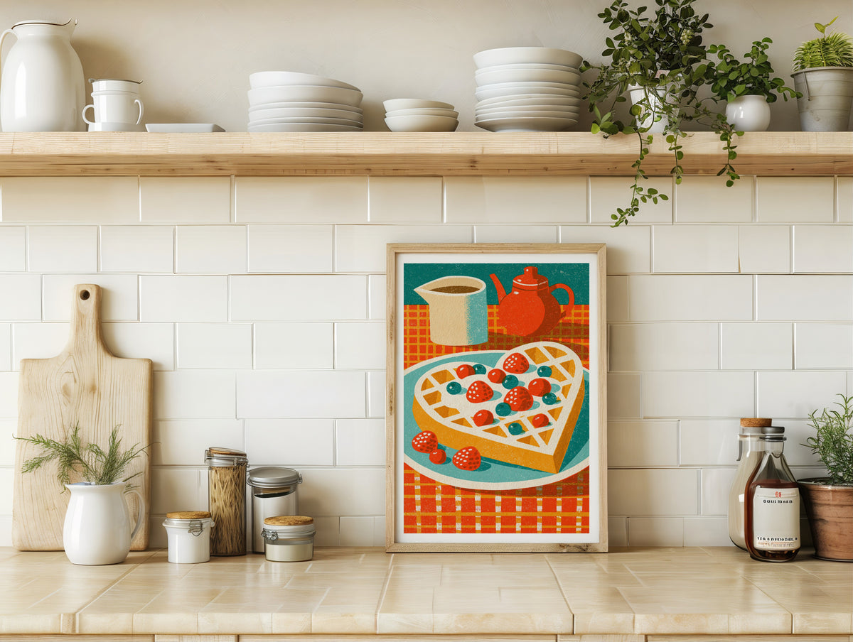 Vintage Food Poster Print, Heart Waffle Retro Mid Century Risograph, Rustic Kitchen Decor Art