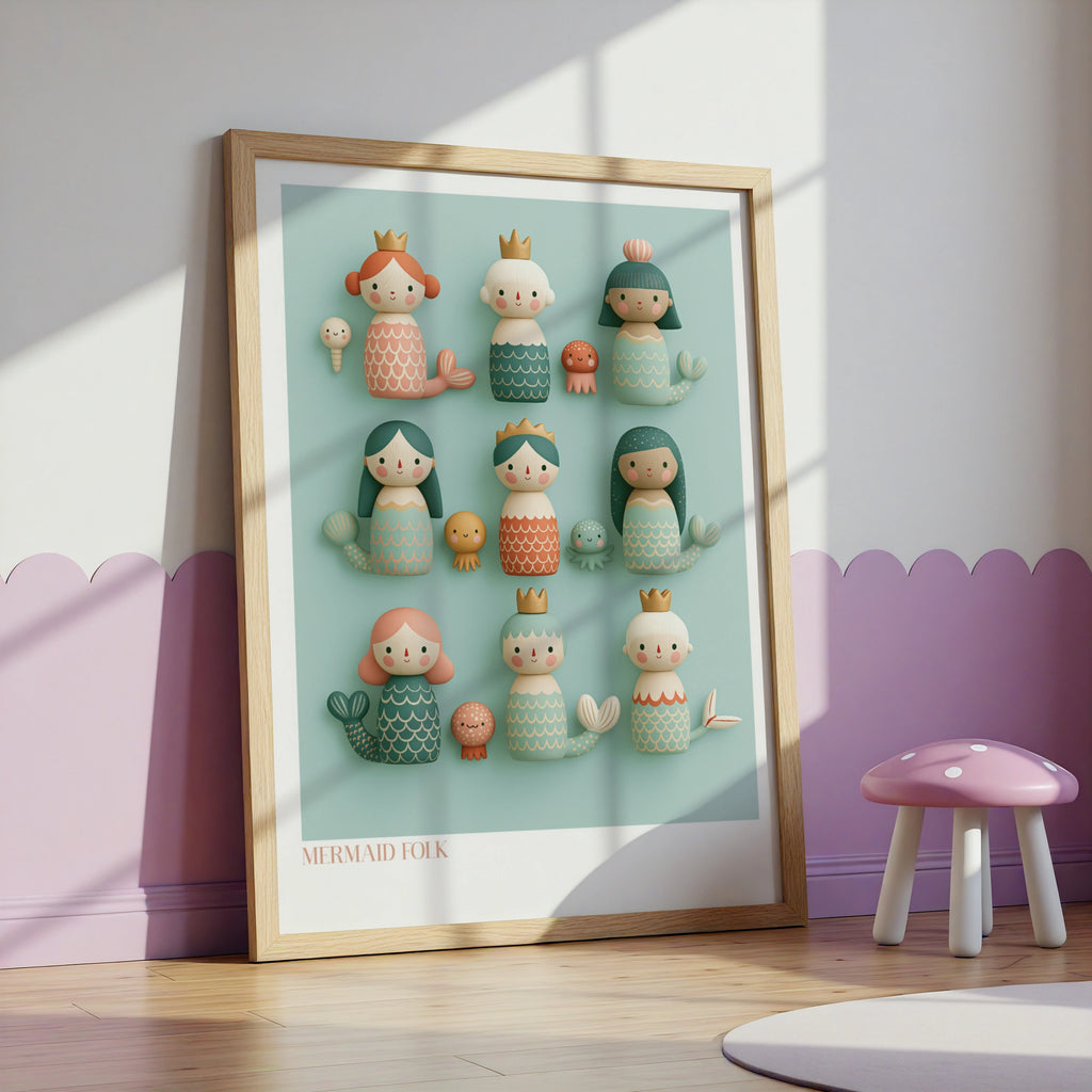Mermaid Folk Art Print, Retro Children's Poster, Cute Wooden Toy Collectables Wall Art