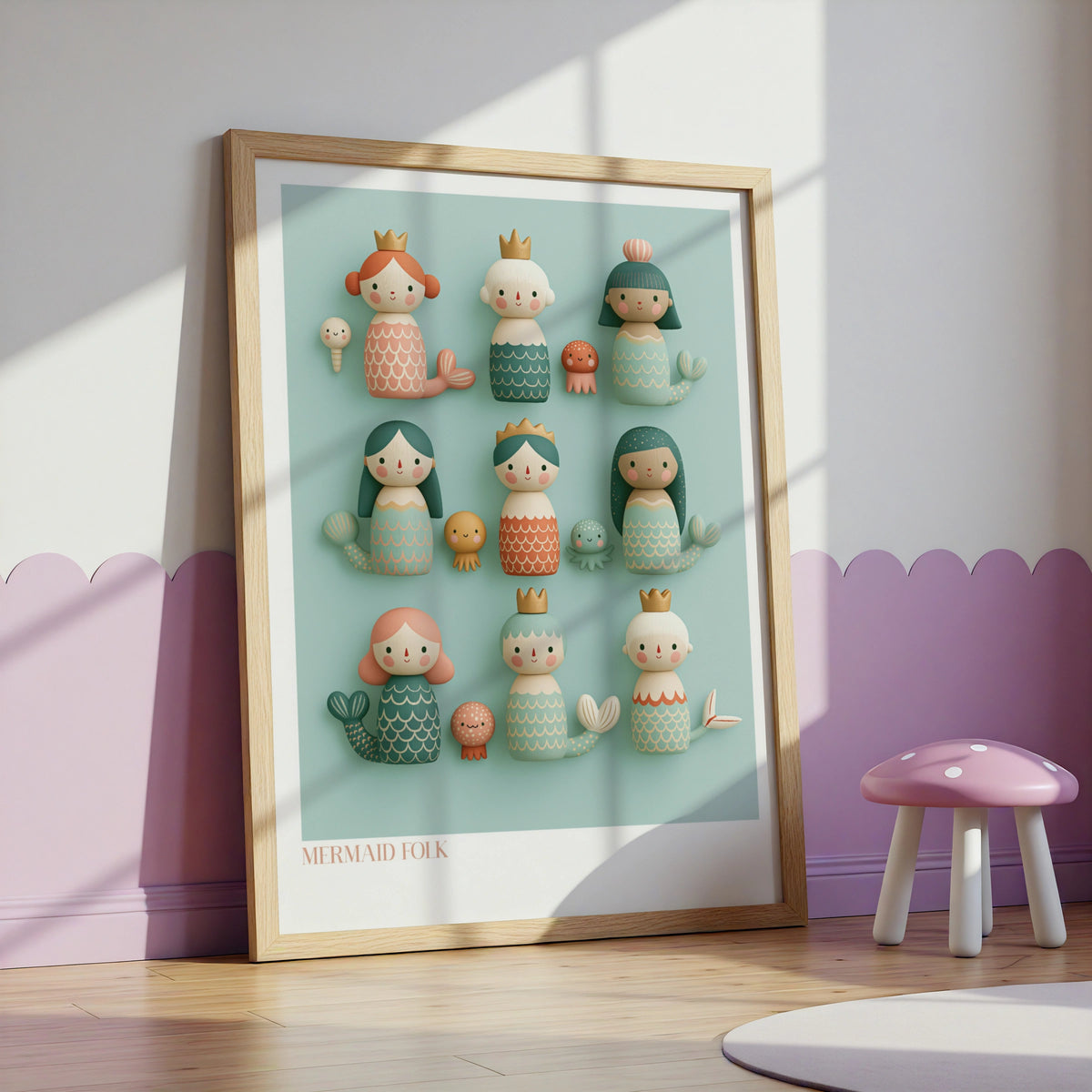 Mermaid Folk Art Print, Retro Children's Poster, Cute Wooden Toy Collectables Wall Art