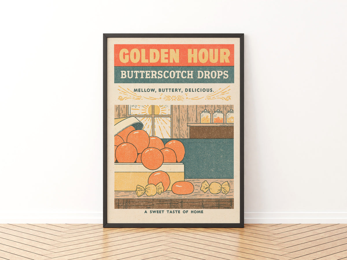 Contemporary Vintage Butterscotch Sweets Print, Retro Kitchen Wall Art, Sweet Shop Advert