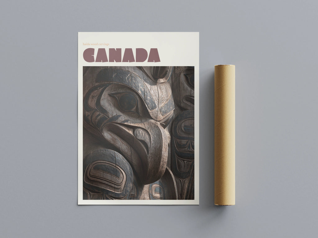 Canada Haida Wood Carving Art Print, contemporary totem pole wall art, travel print