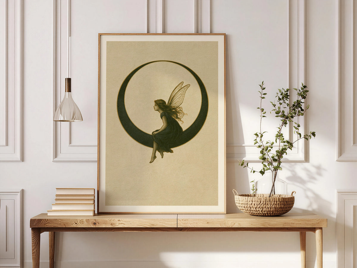 Fairy on Crescent Moon Art Print, Vintage Fairycore Poster, Celestial Wall Art, Whimsical Nursery