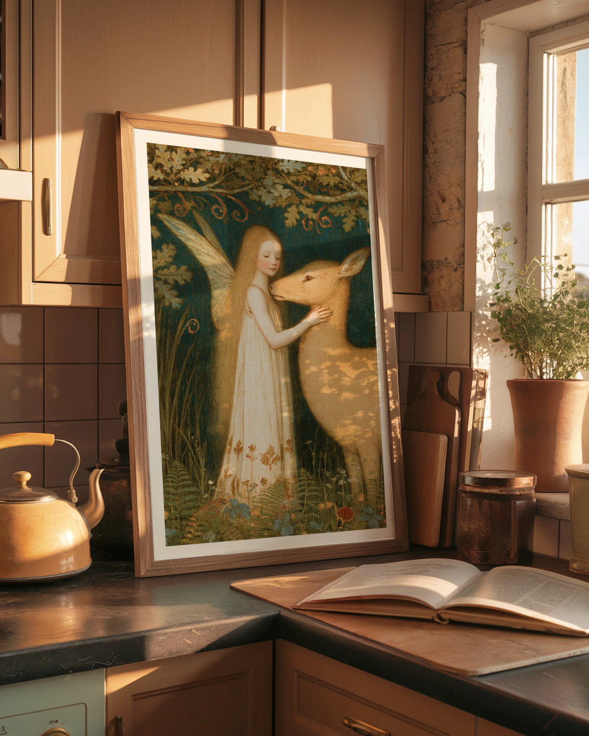 Fairy and Deer Forest Print, Classic Folk Art Poster, Woodland Wall Art, Vintage Illustrated