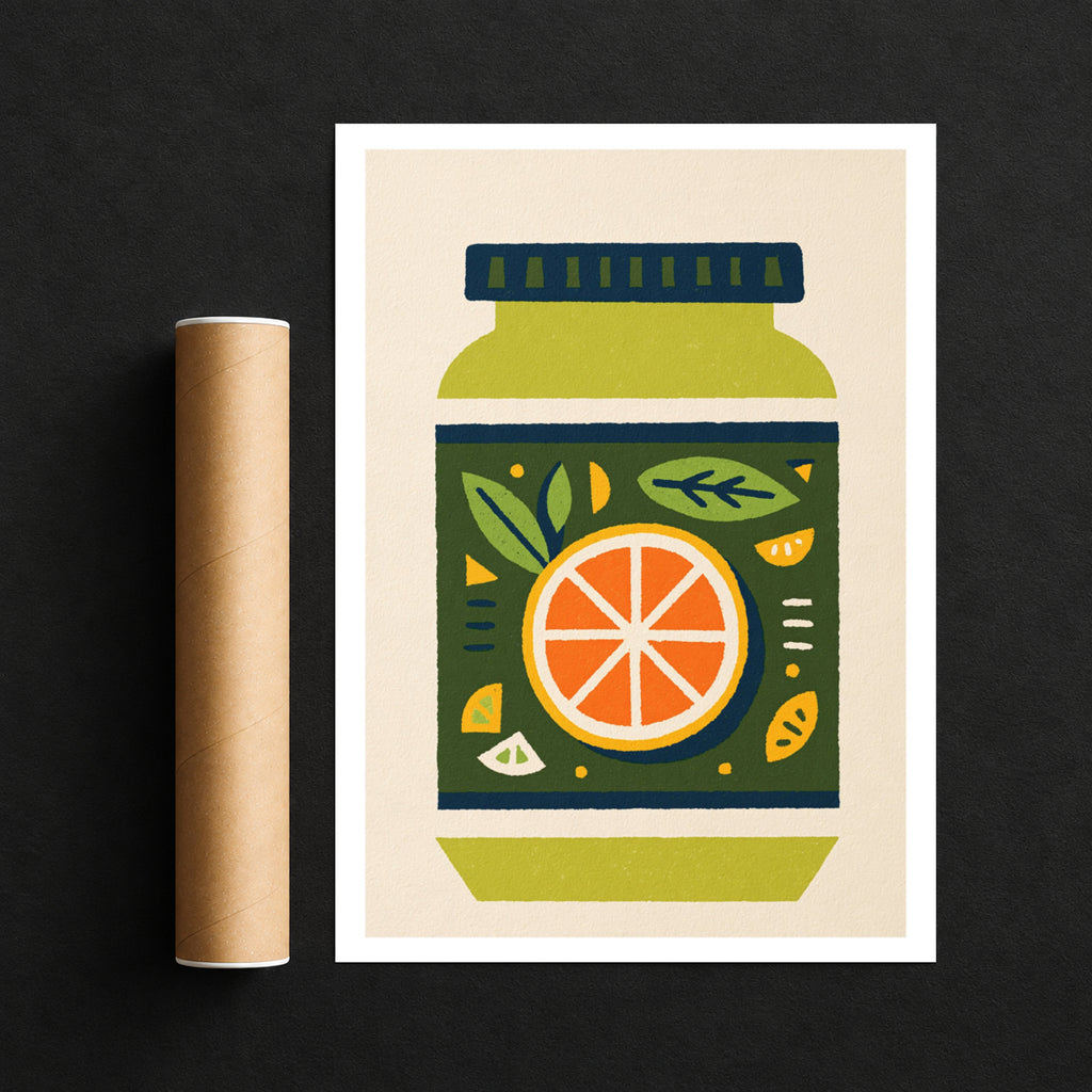 Vintage Food Poster Print, Retro Orange Marmalade Jar, Rustic Kitchen Decor, Mid Century Risograph