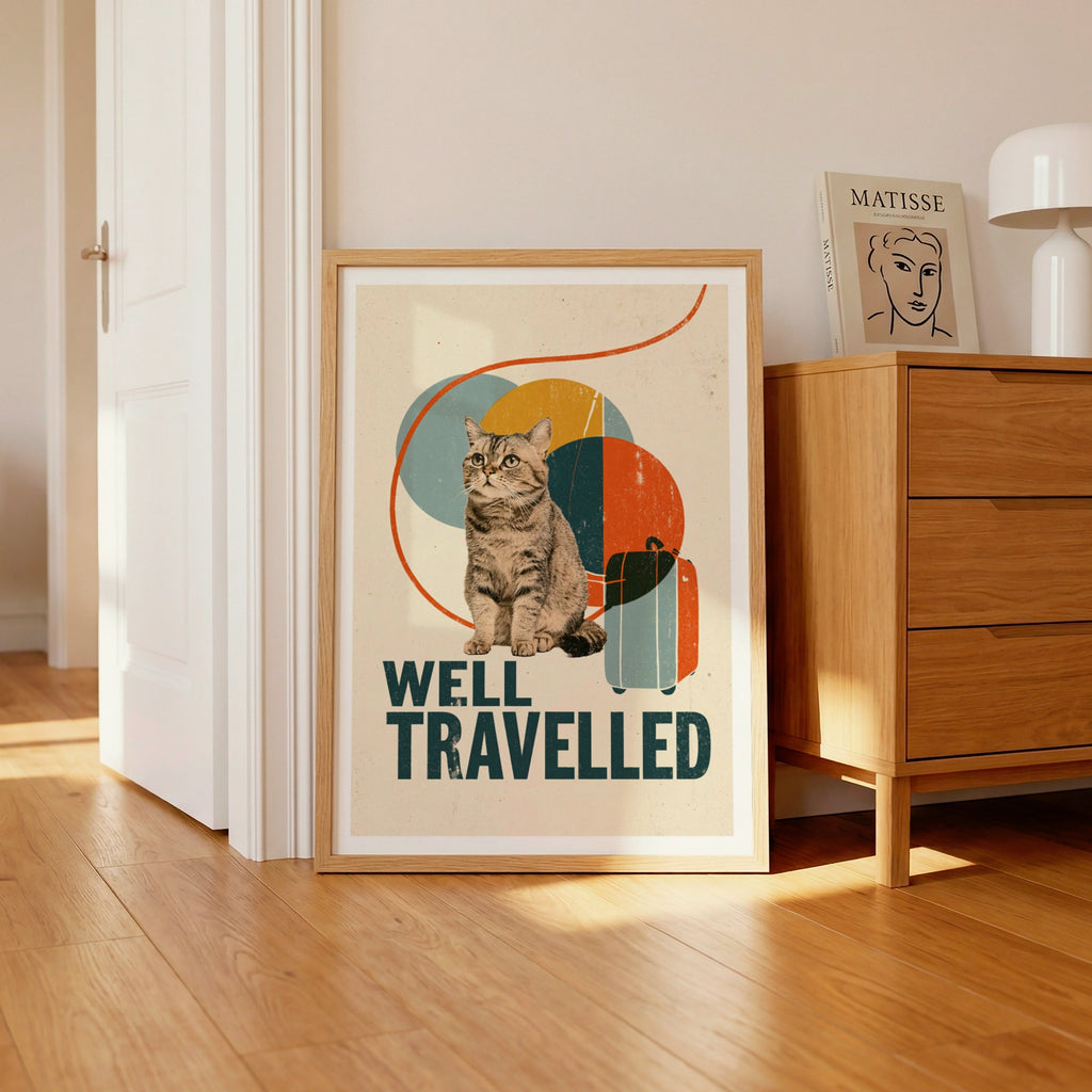 Well Travelled Retro Cat Print, Vintage Travel Wall Art, Funny Cat Gift, Folk Style