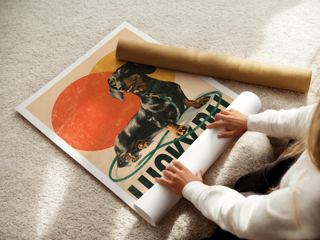 Retro Dachshund Poster, Lucky Pal Sausage Dog Print, Vintage Folk Wall Art
