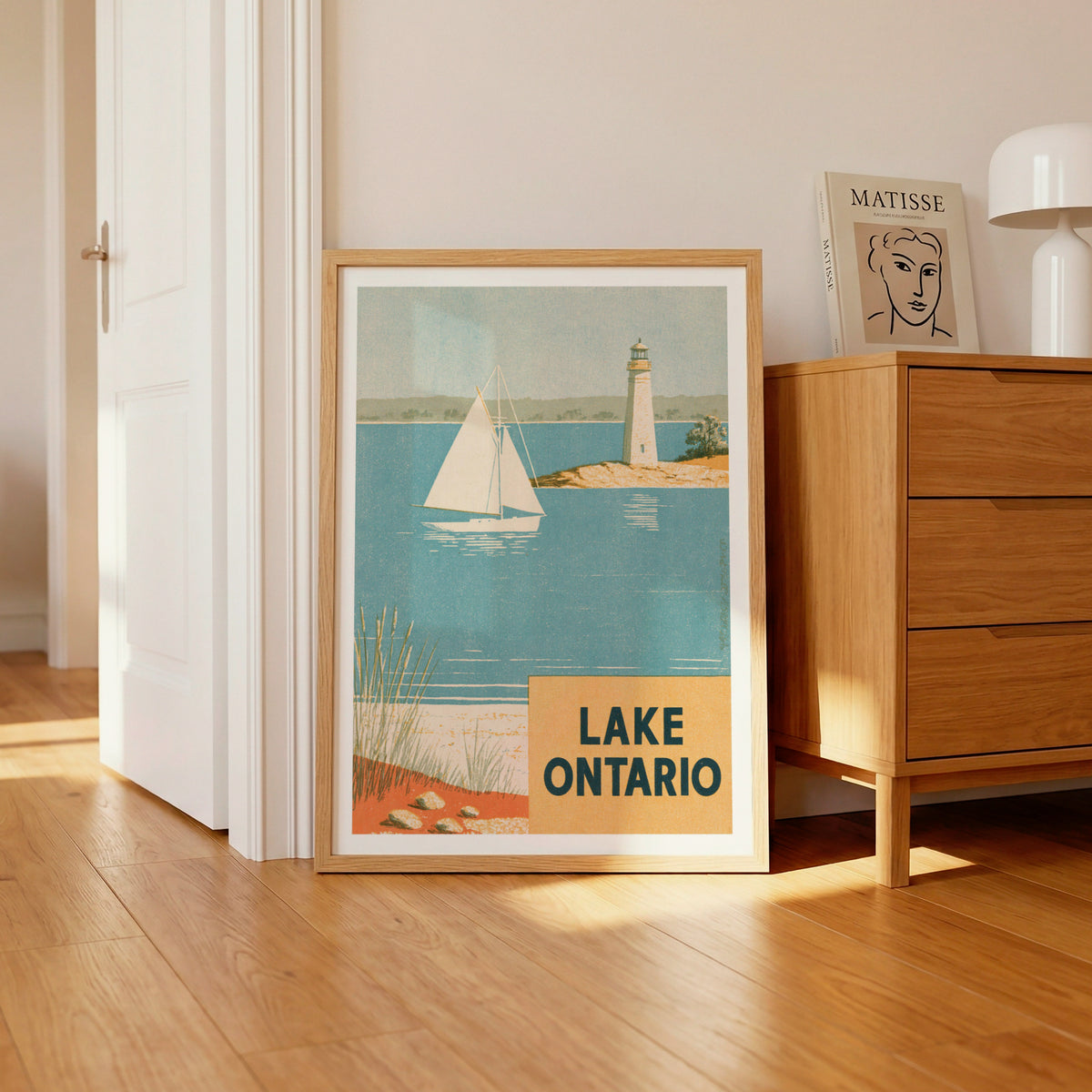 Lake Ontario Retro Travel Poster, Sailboat & Lighthouse Print, Canada Nautical Coastal Wall Art