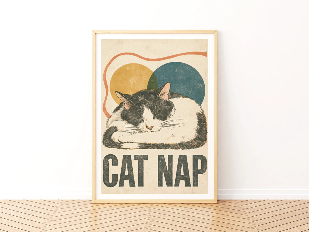 Cat Nap Retro Print, Sleeping Cat Wall Art, Vintage Folk Style Tuxedo Cat, Gift for Cat Lovers