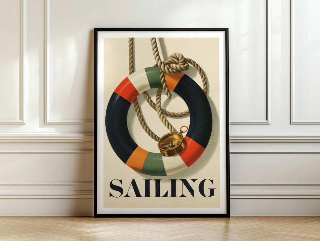 Retro Sailing Poster, Nautical Life Ring Compass Print, Vintage Navy Wall Art