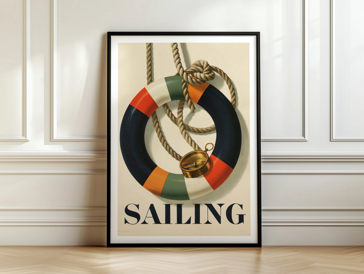Retro Sailing Poster, Nautical Life Ring Compass Print, Vintage Navy Wall Art