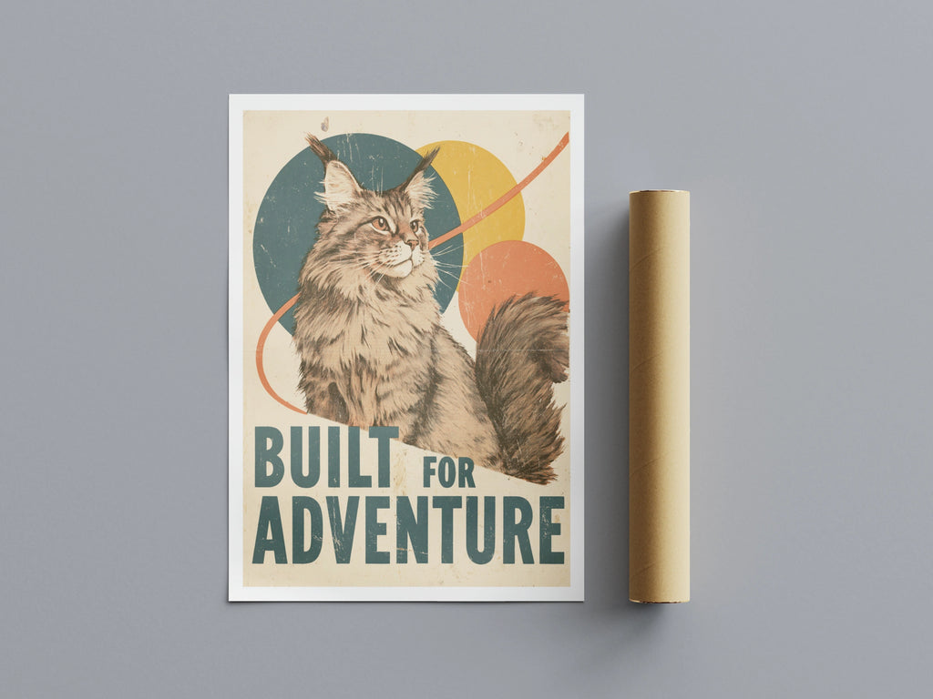 Retro Maine Coon Cat Print, Built For Adventure, Vintage Style Feline Wall Art
