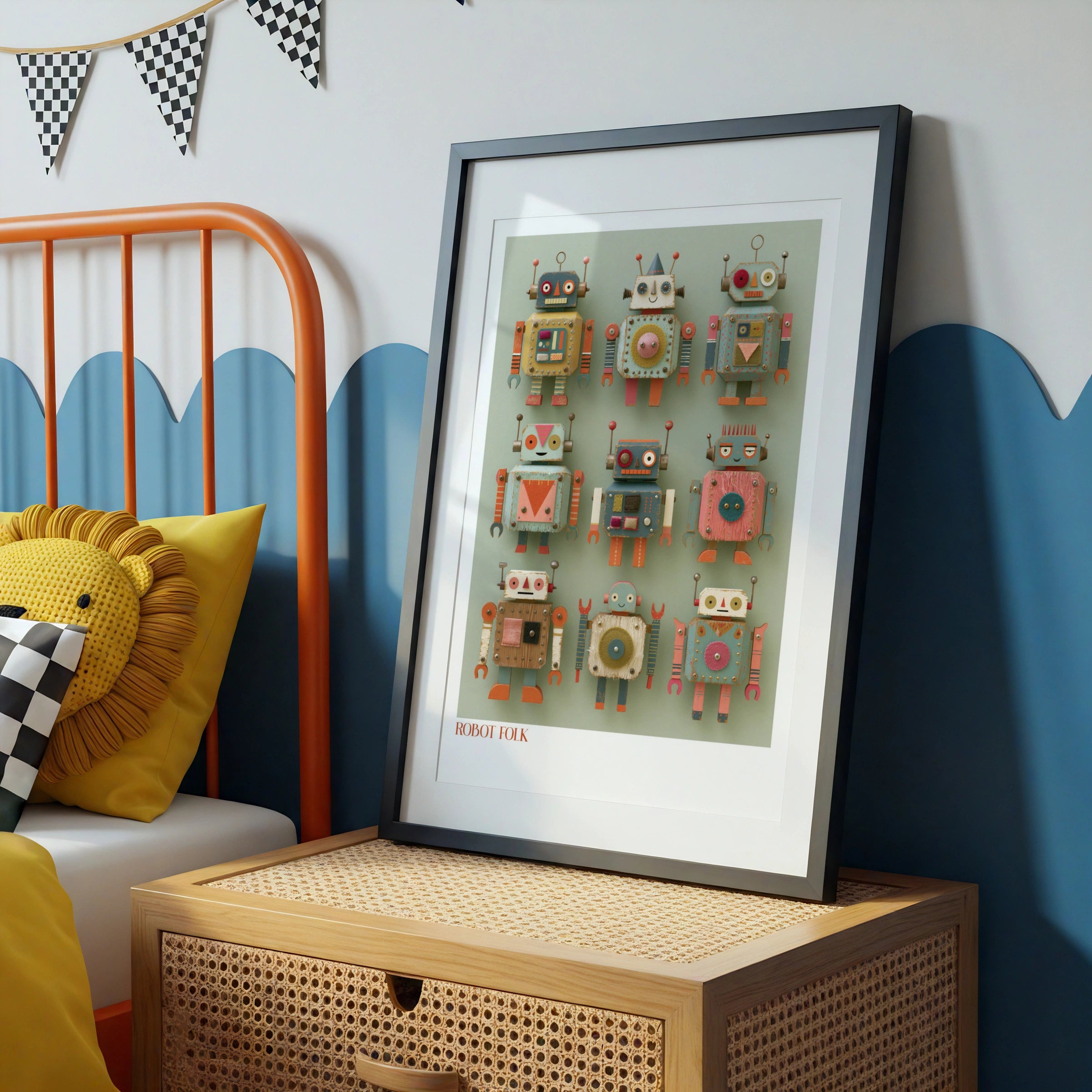 Retro Robot Folk Art Print, Children's Collectable Poster, Vintage Toy Wall Art Kids Room