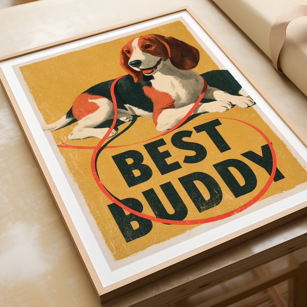 Retro Beagle Poster, Best Buddy Dog Print, Vintage Folk Style Wall Art, Mustard Yellow